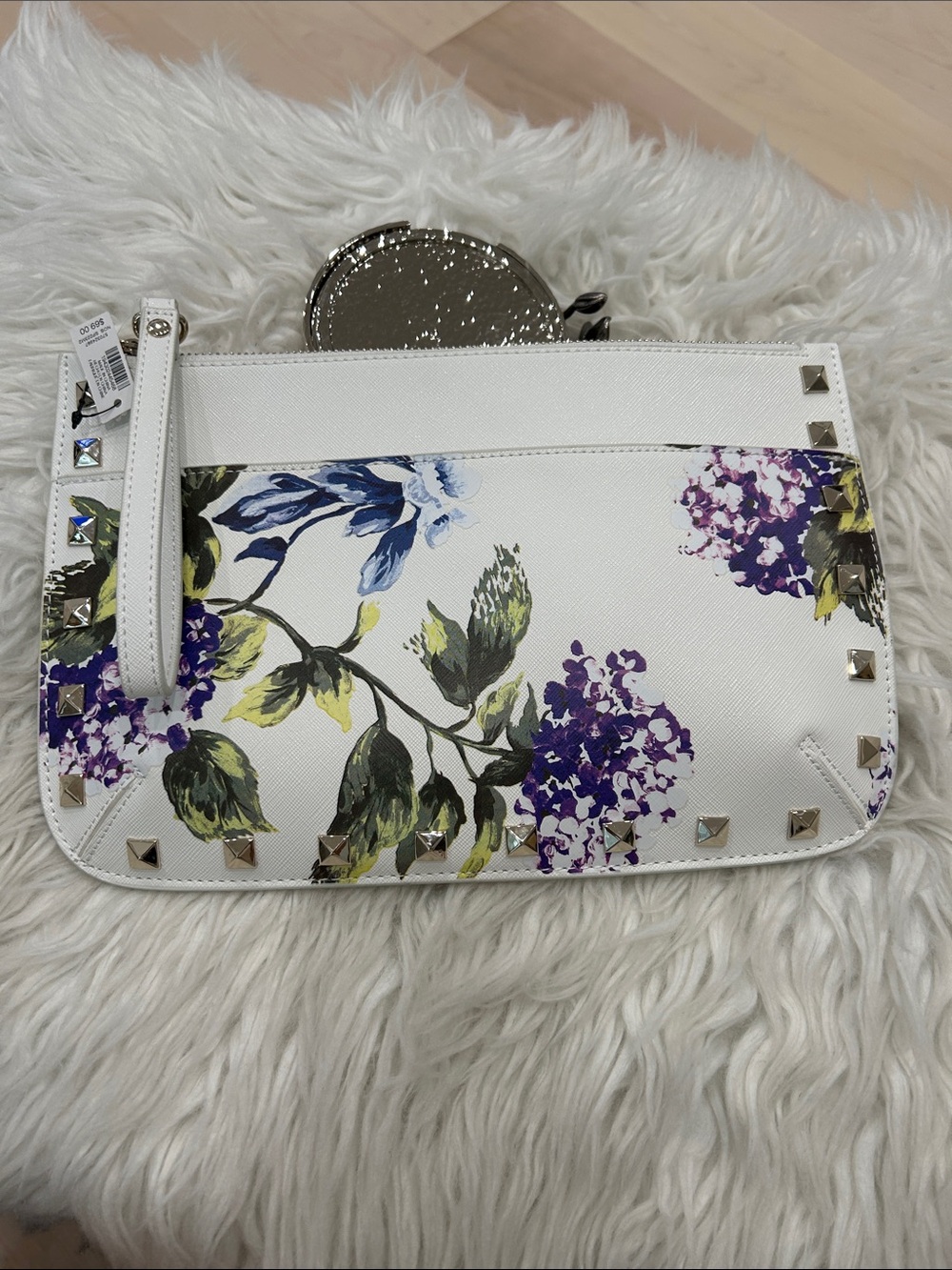 White House Black Market White Floral Studded Wristlet with Purple & Green Print - Picture 2 of 5
